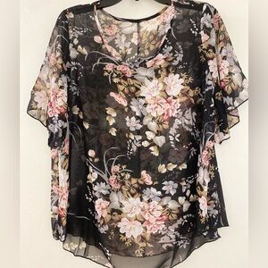 ❤️❤️Floral Peachy Black Goddess Sheer Bell Shortsleeved Blouse